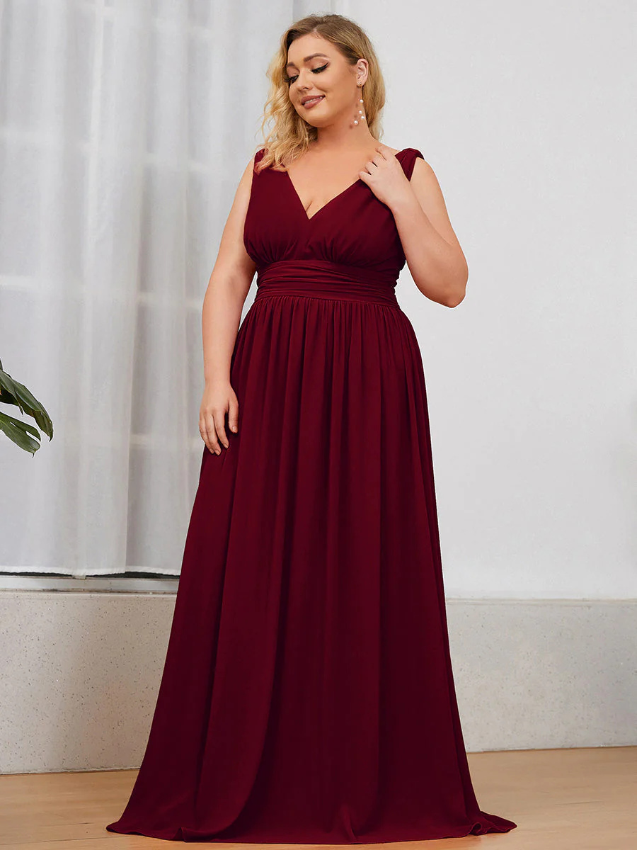 Double V-Neck Chiffon Maxi Long Plus Size Bridesmaid Dress #EMES09018