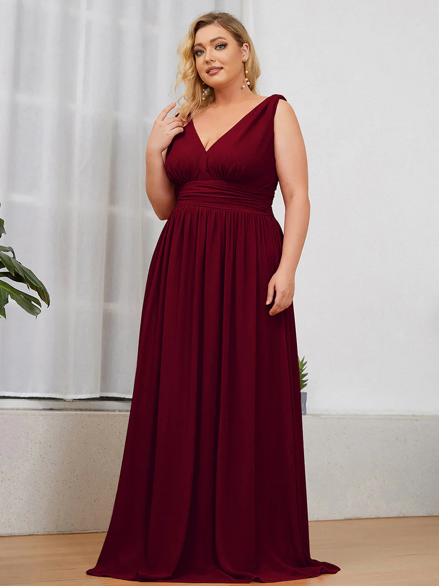 Double V-Neck Chiffon Maxi Long Plus Size Bridesmaid Dress #EMES09018