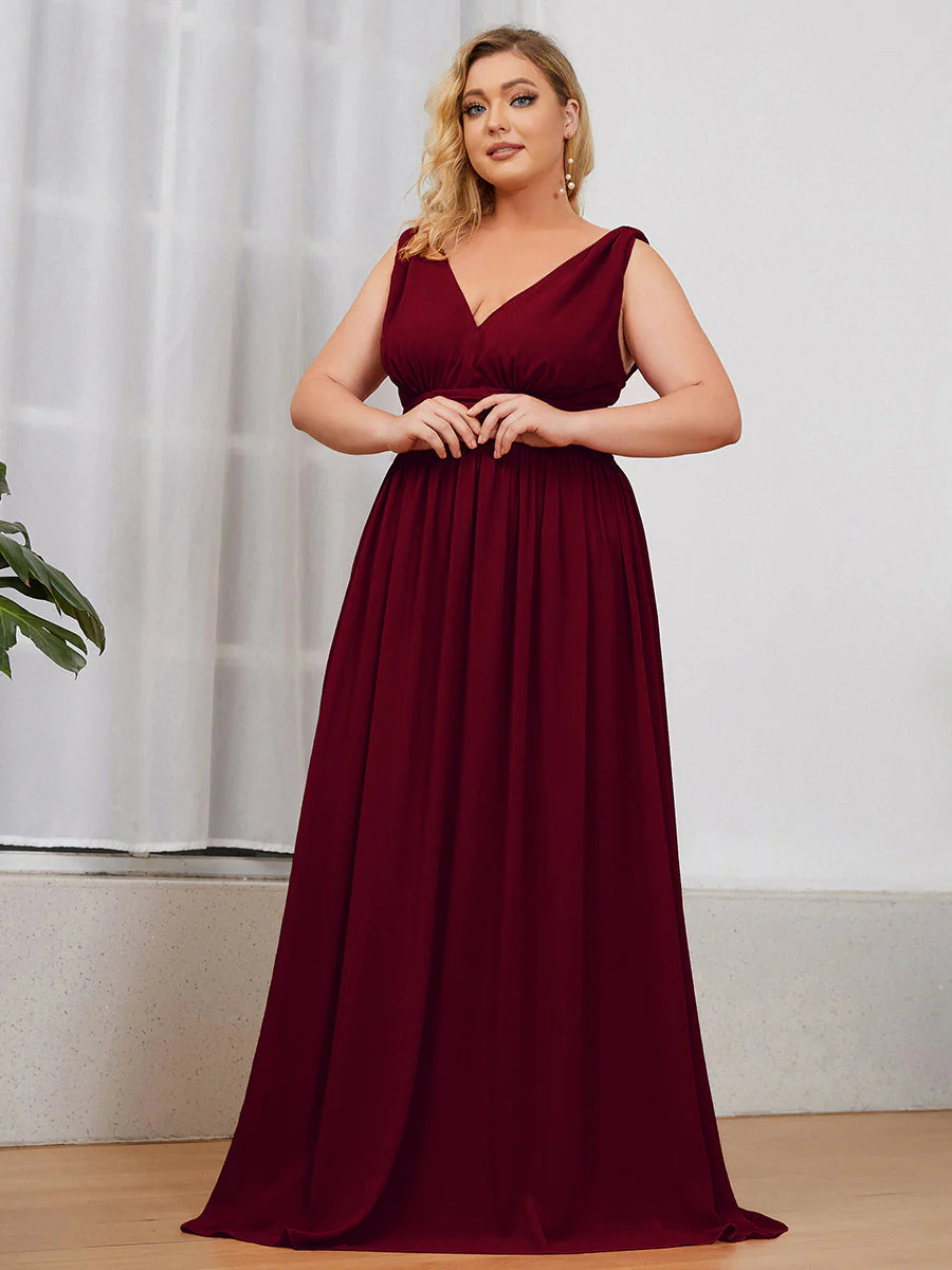 Double V-Neck Chiffon Maxi Long Plus Size Bridesmaid Dress #EMES09018