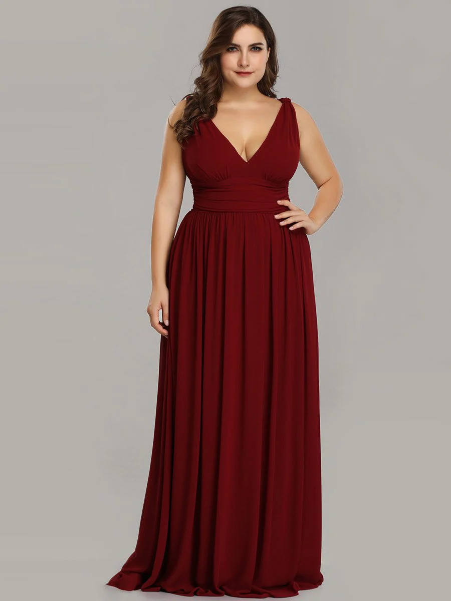 Double V-Neck Maxi Long Plus Size Bridesmaid Dress #EMEP09016