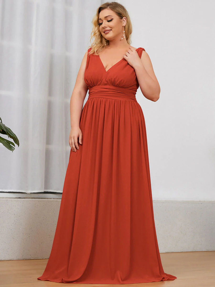 Double V-Neck Maxi Long Plus Size Bridesmaid Dress #EMEP09016