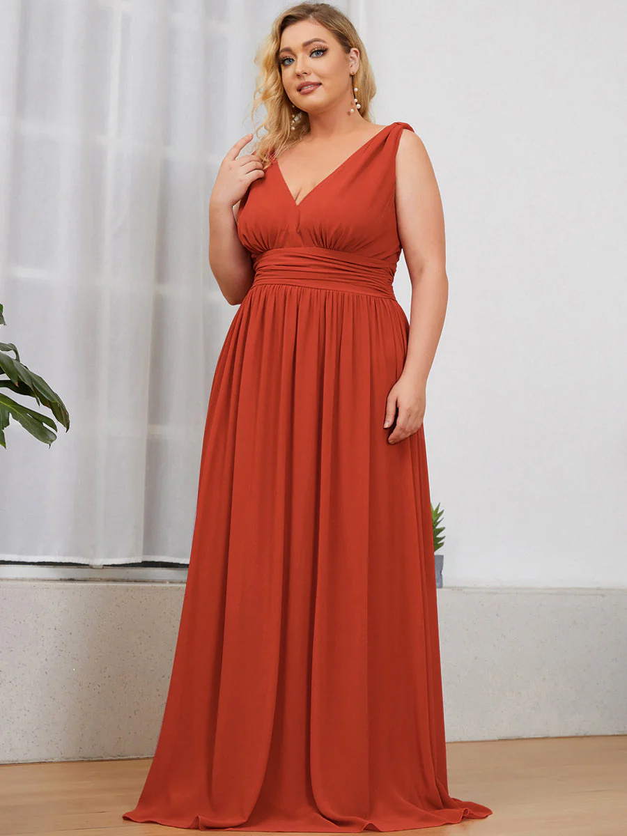 Double V-Neck Maxi Long Plus Size Bridesmaid Dress #EMEP09016