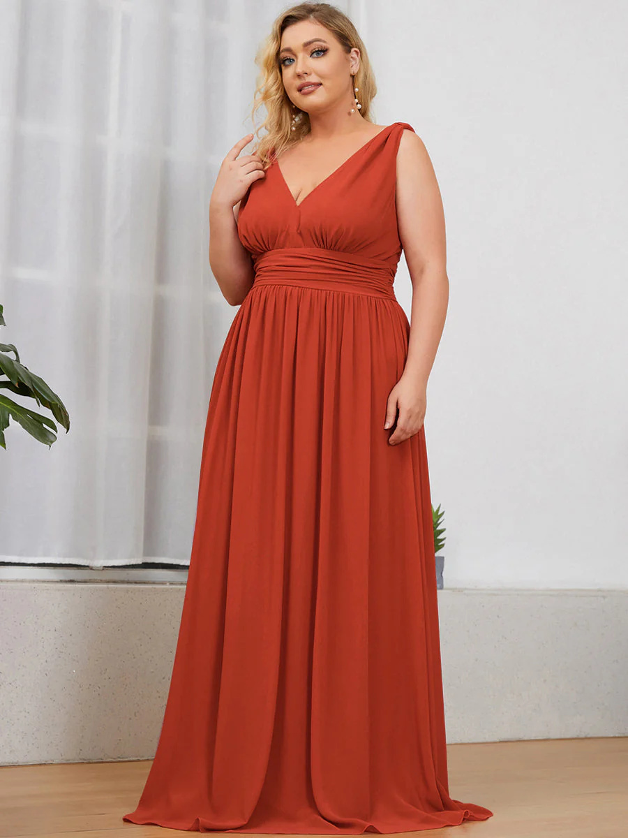 Double V-Neck Maxi Long Plus Size Bridesmaid Dress #EMEP09016