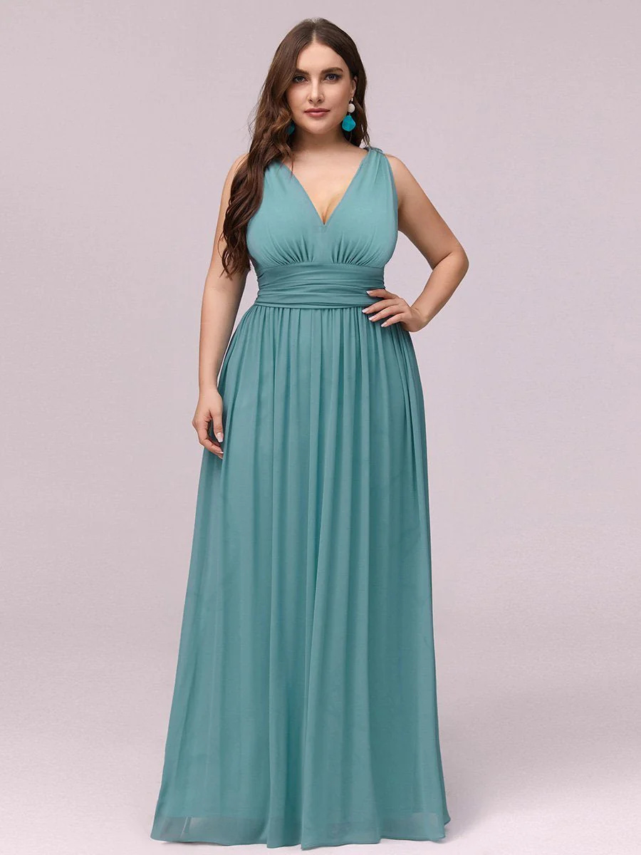 Double V-Neck Maxi Long Plus Size Bridesmaid Dress #EMEP09016