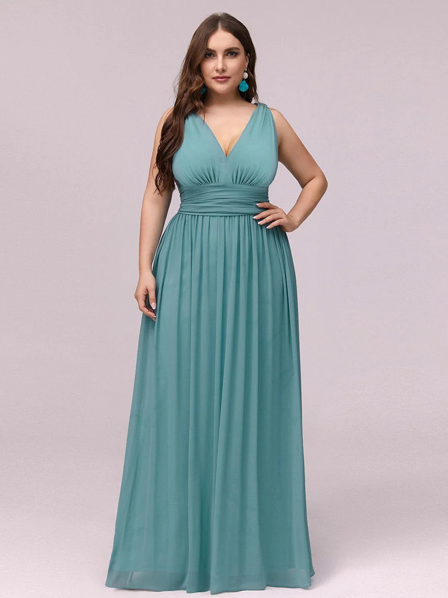 Double V-Neck Maxi Long Plus Size Bridesmaid Dress #EMEP09016