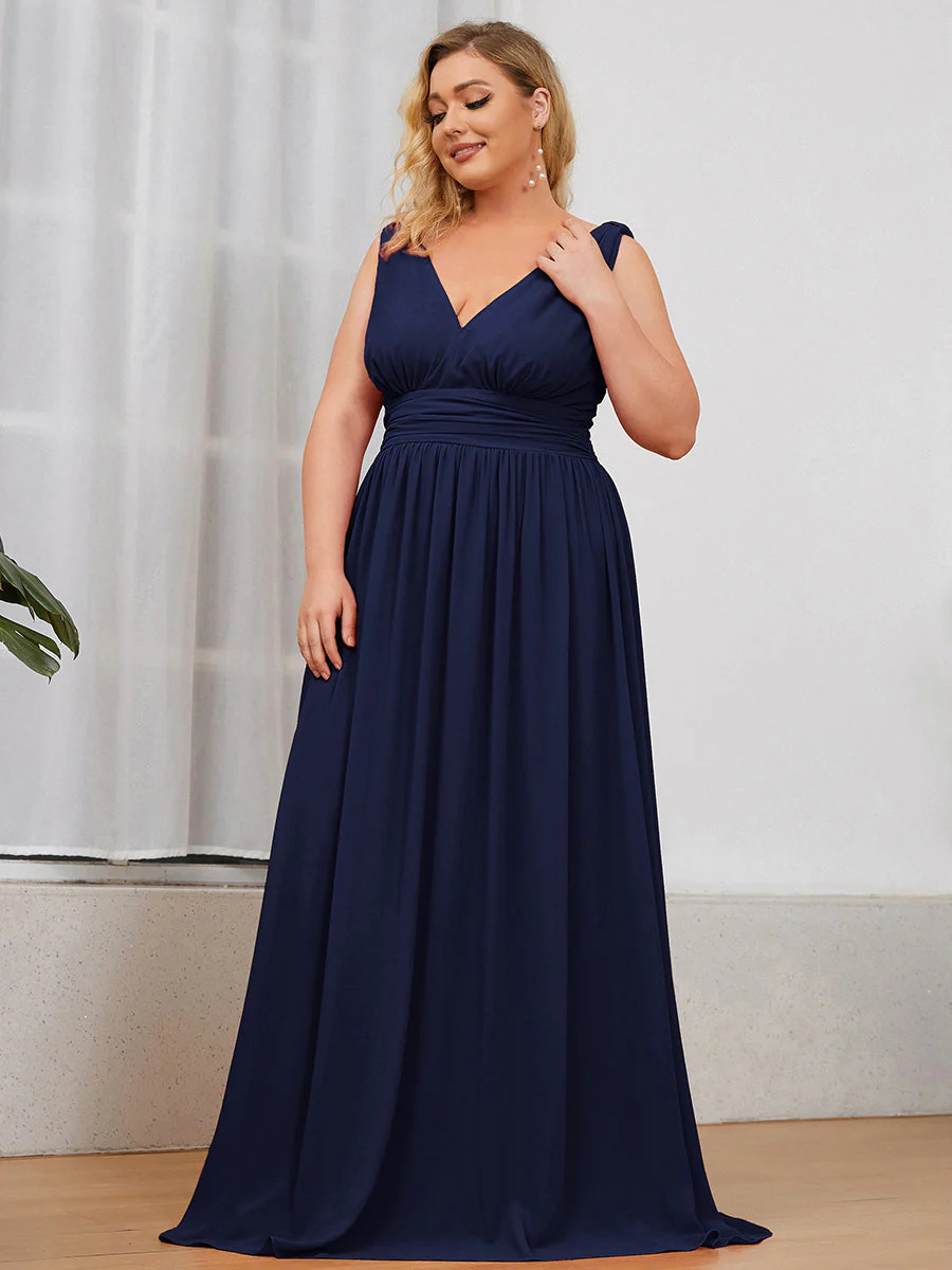 Double V-Neck Maxi Long Plus Size Bridesmaid Dress #EMEP09016