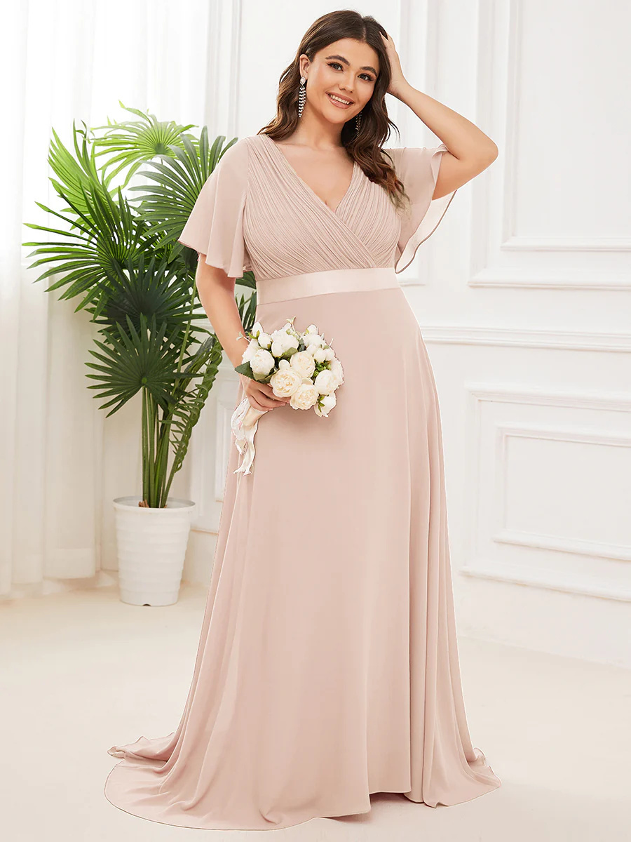 Double V-Neck Ruffles Padded Plus Size Bridesmaid Dress #EP09890