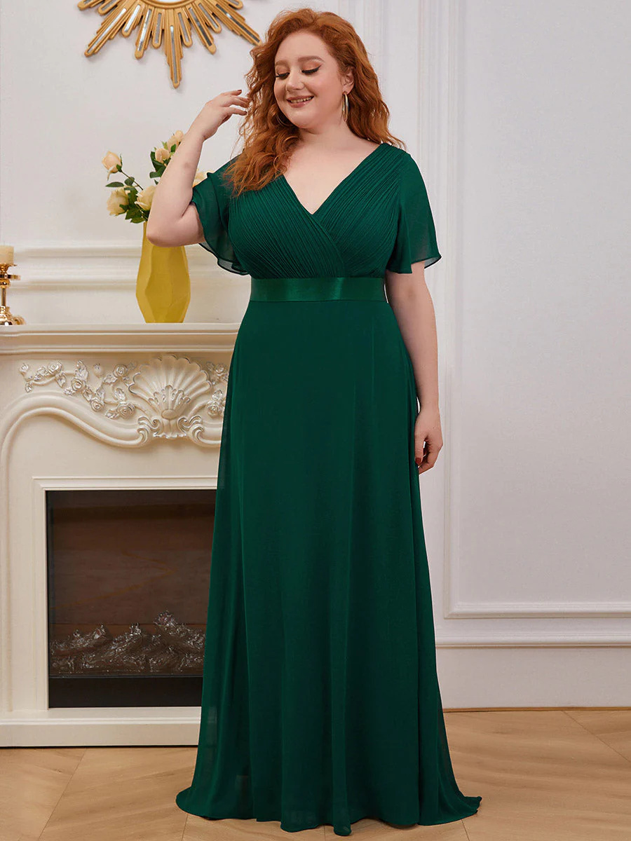 Double V-Neck Ruffles Padded Plus Size Bridesmaid Dress #EP09890