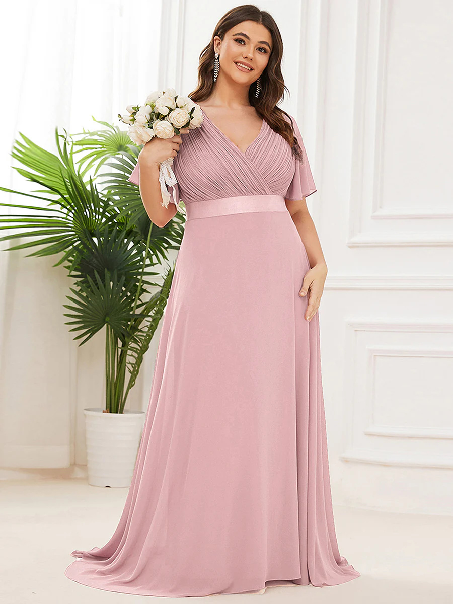 Double V-Neck Ruffles Padded Plus Size Bridesmaid Dress #EP09890