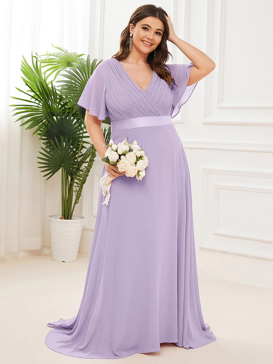 Double V-Neck Ruffles Padded Plus Size Bridesmaid Dress #EP09890