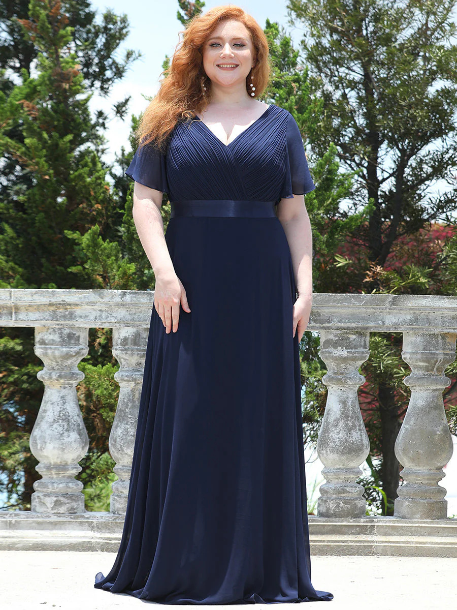 Double V-Neck Ruffles Padded Plus Size Bridesmaid Dress #EP09890