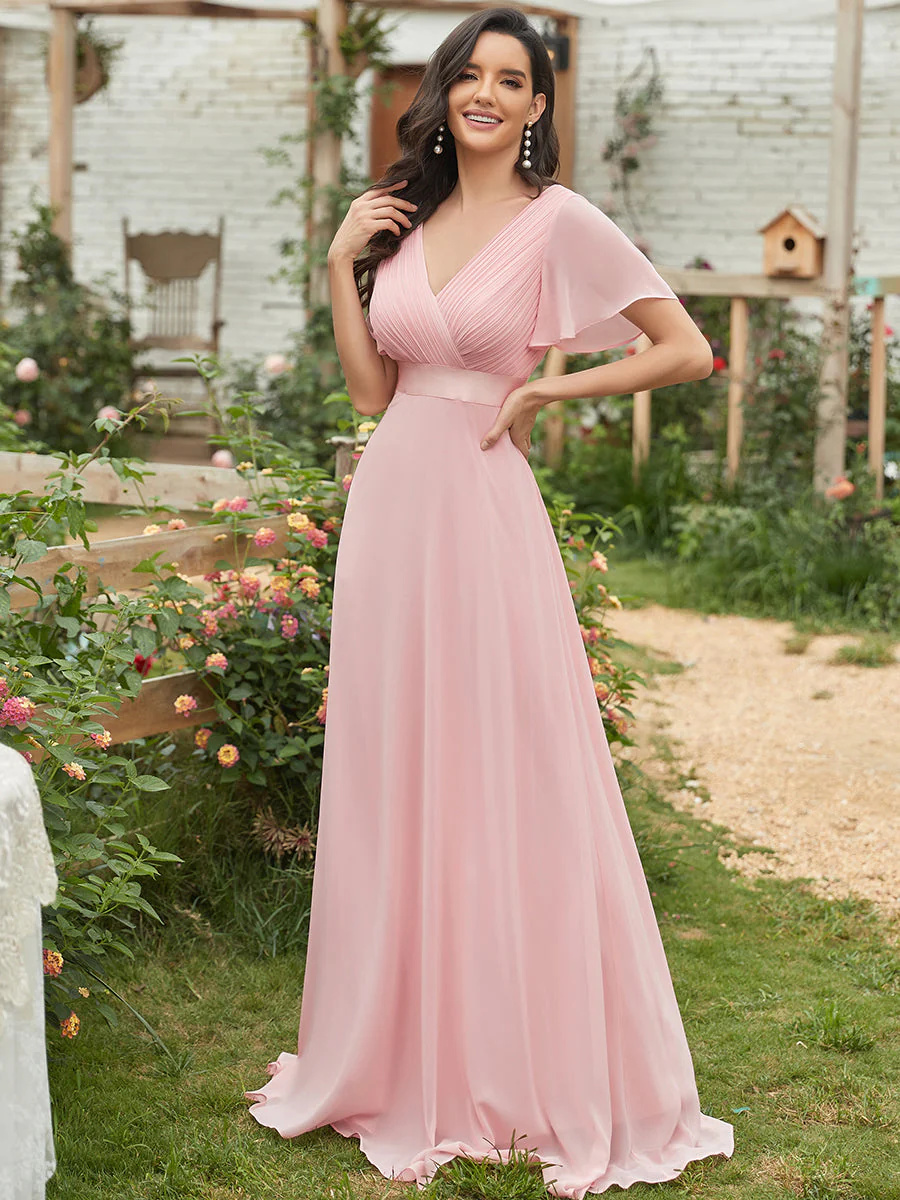 Glamorous Double V-Neck Ruffles Padded Bridesmaid Dress #EMEP09890C