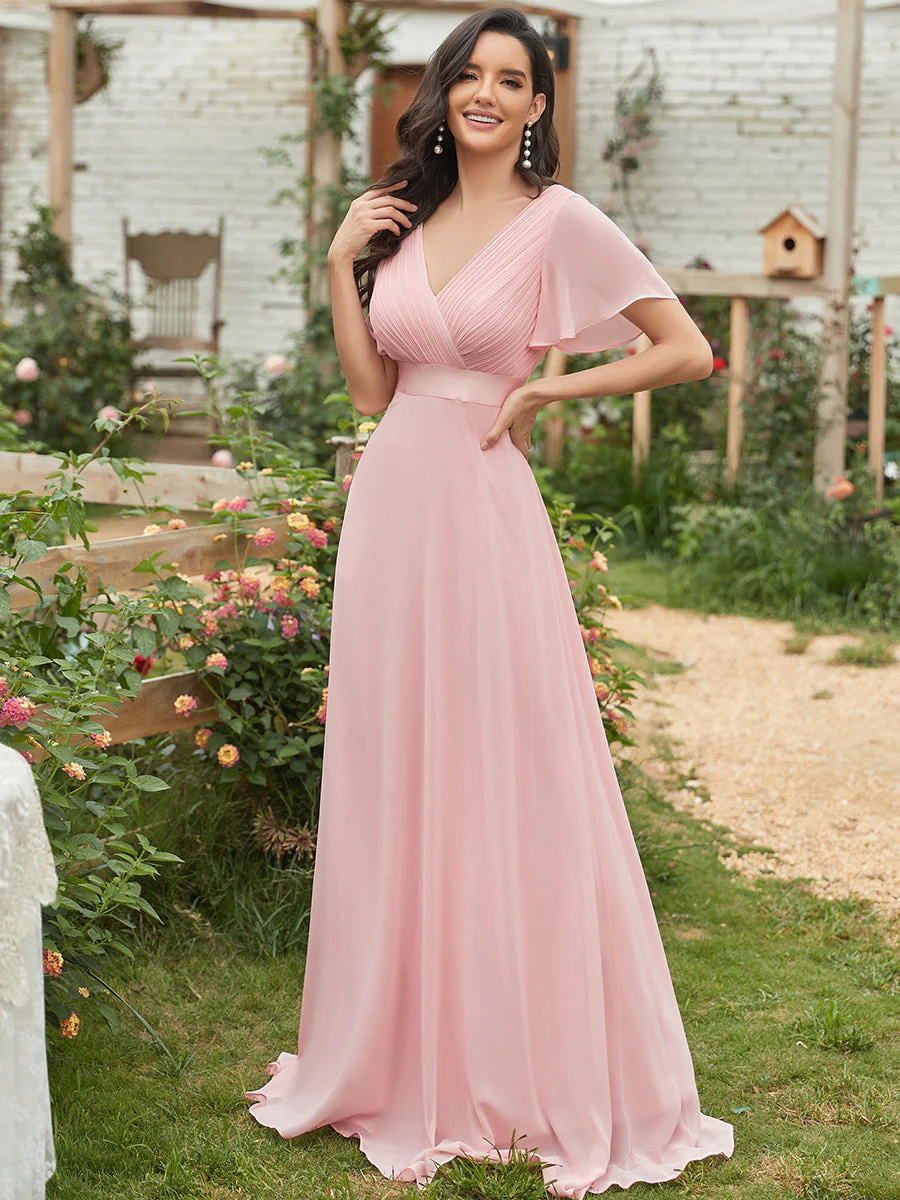 Glamorous Double V-Neck Ruffles Padded Bridesmaid Dress #EMEP09890C