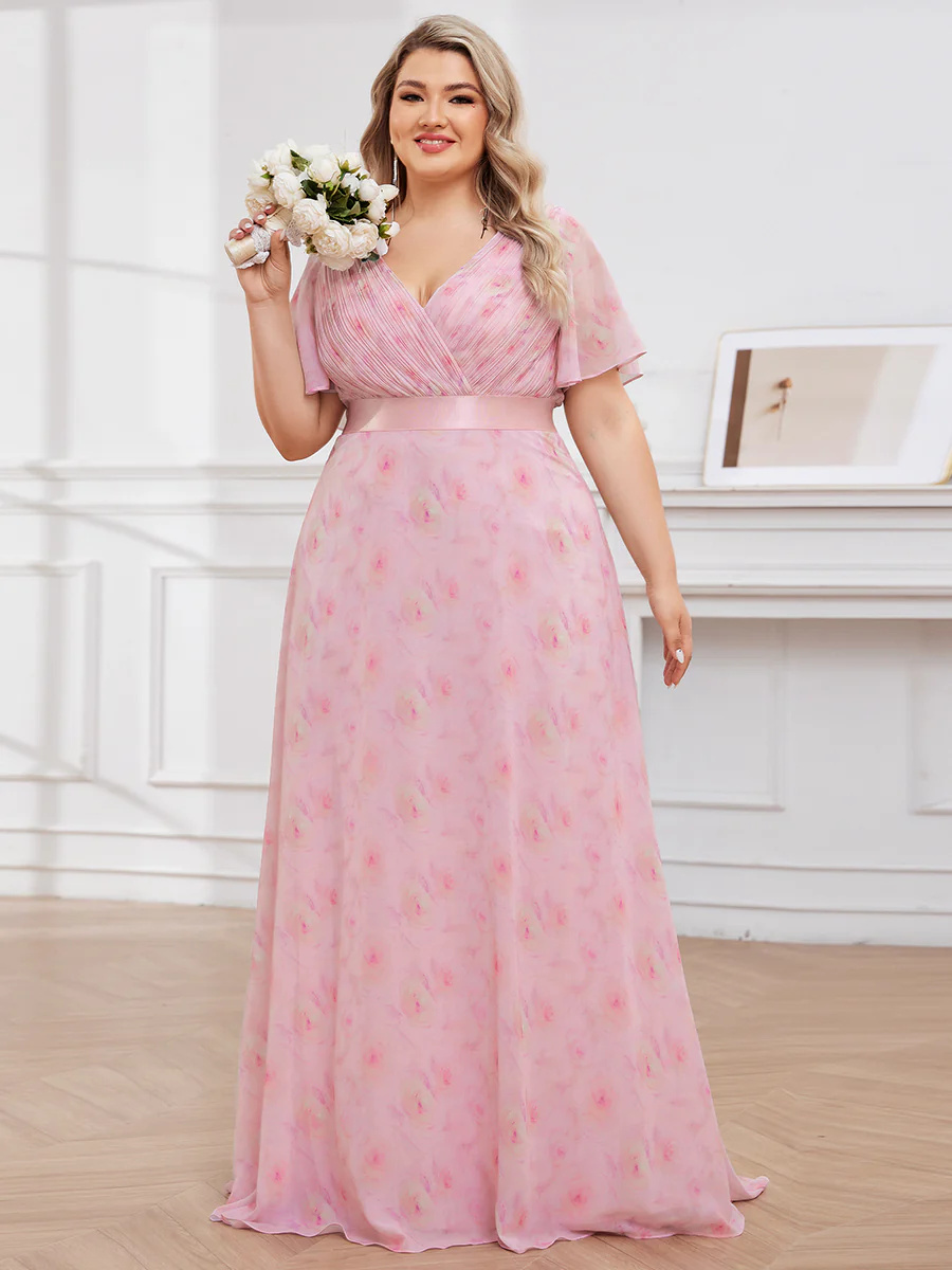 Double V-Neck Ruffles Padded Plus Size Bridesmaid Dress #EP09890