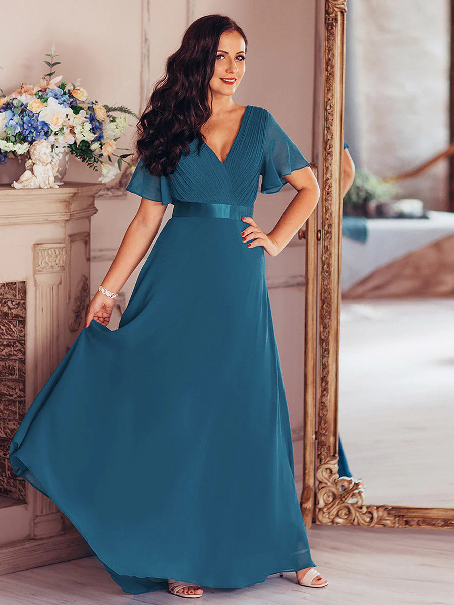 Double V-Neck Ruffles Padded Plus Size Bridesmaid Dress #EP09890
