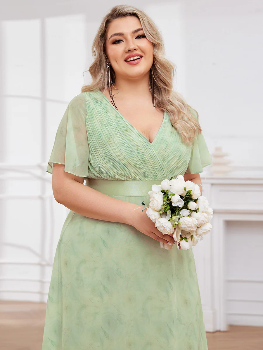 Double V-Neck Ruffles Padded Plus Size Bridesmaid Dress #EP09890