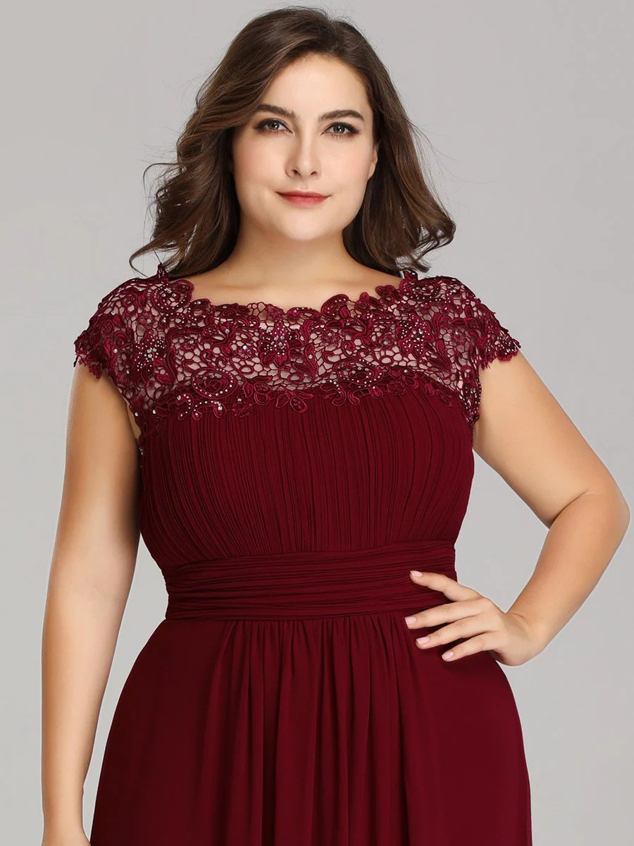 Lacey Neckline Open Back Ruched Bust Plus Size Bridesmiad Dress #EMEP09996