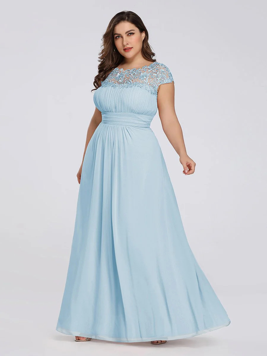 Lacey Neckline Open Back Ruched Bust Plus Size Bridesmiad Dress #EMEP09996