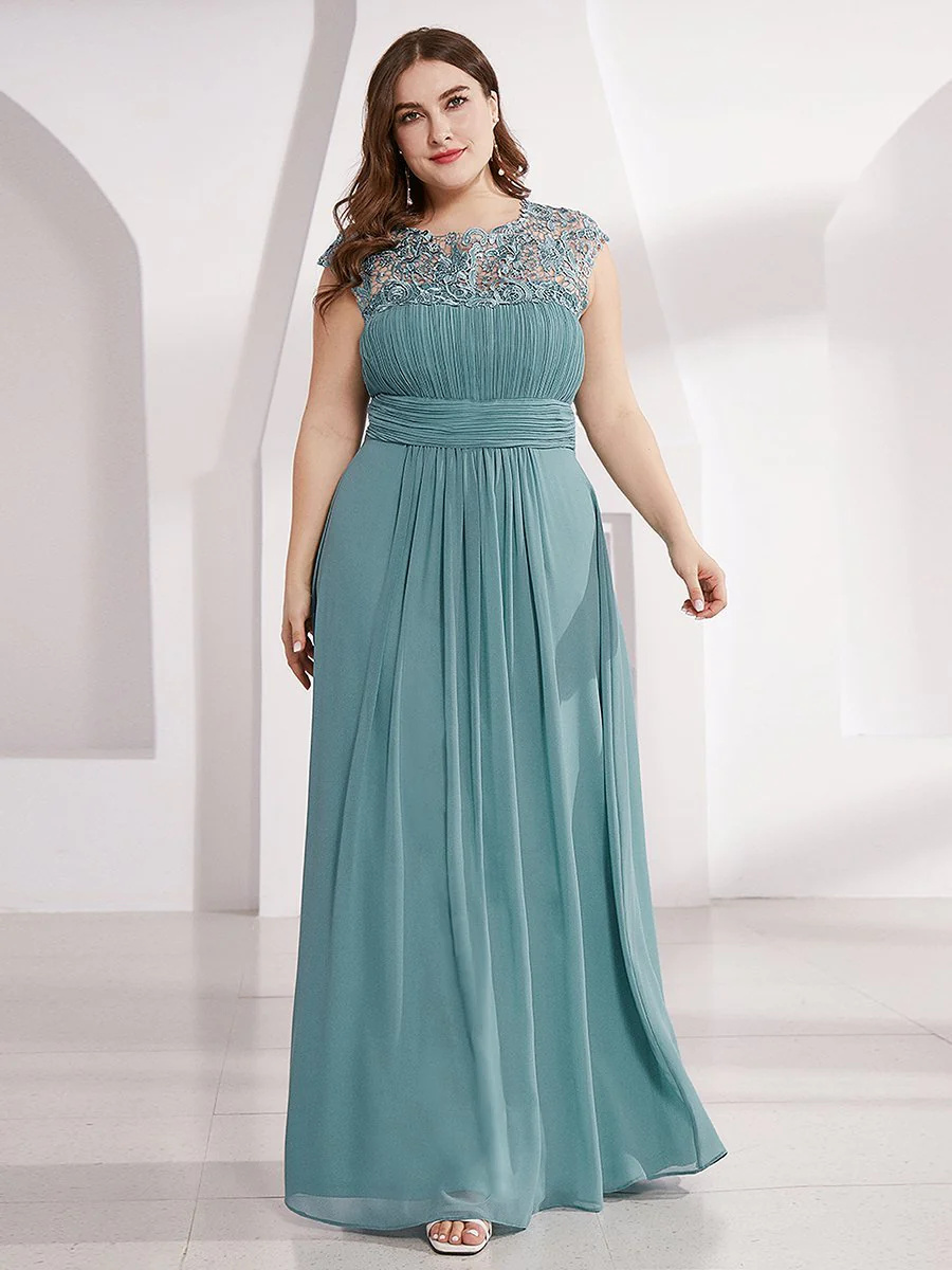 Lacey Neckline Open Back Ruched Bust Plus Size Bridesmiad Dress #EMEP09996