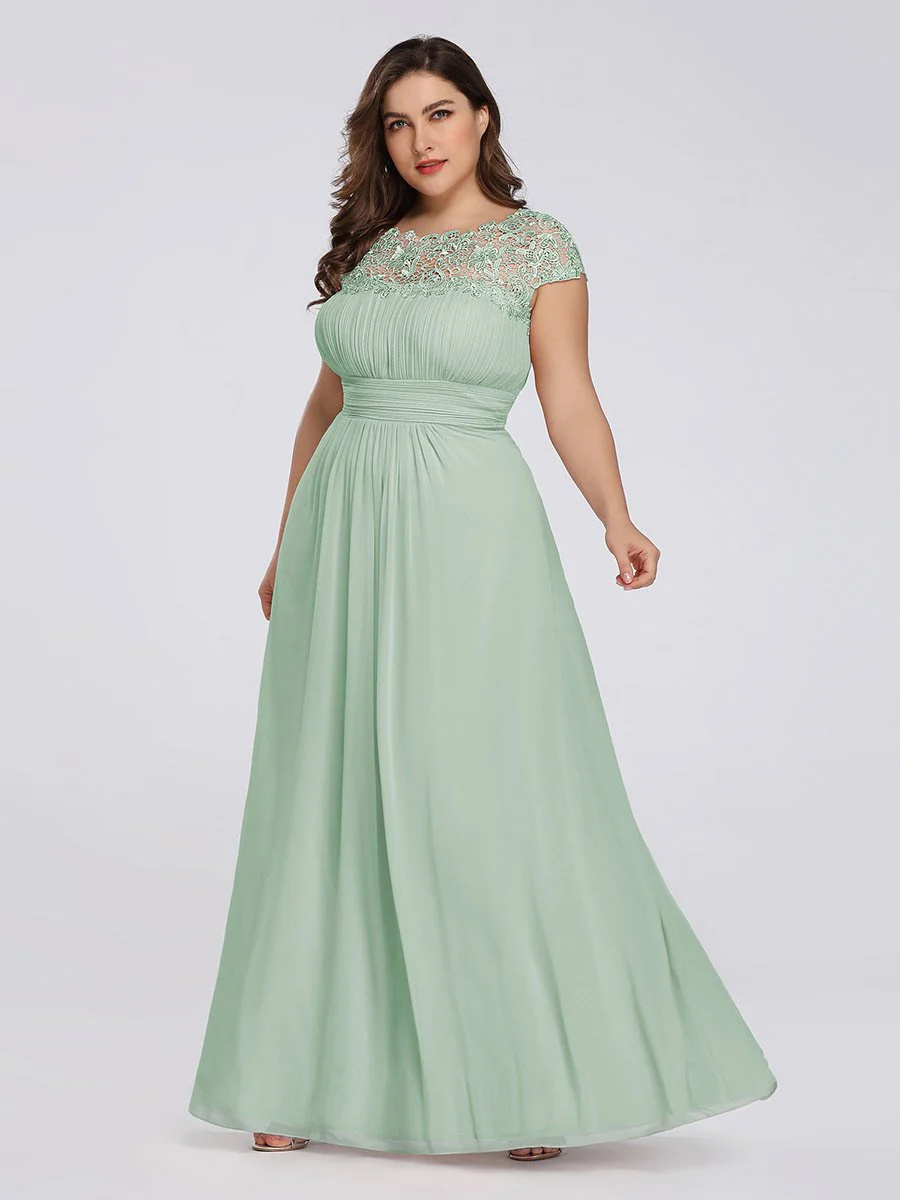 Lacey Neckline Open Back Ruched Bust Plus Size Bridesmiad Dress #EMEP09996