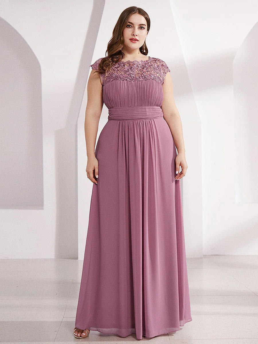 Lacey Neckline Open Back Ruched Bust Plus Size Bridesmiad Dress #EMEP09996