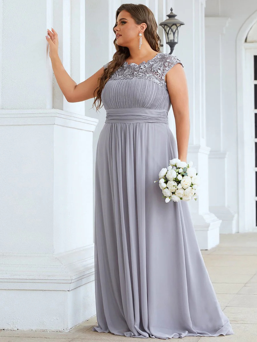 Lacey Neckline Open Back Ruched Bust Plus Size Bridesmiad Dress #EMEP09996