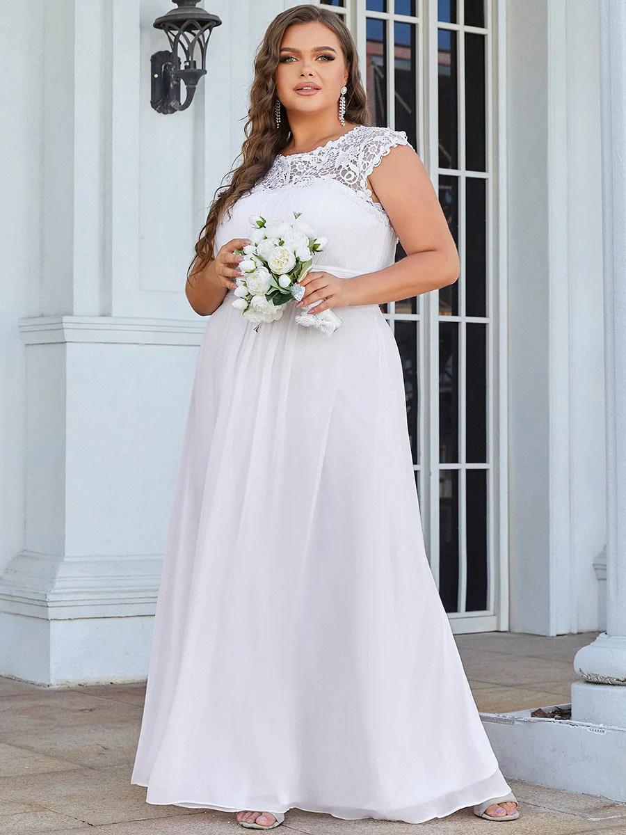 Lacey Neckline Open Back Ruched Bust Plus Size Bridesmiad Dress #EMEP09996