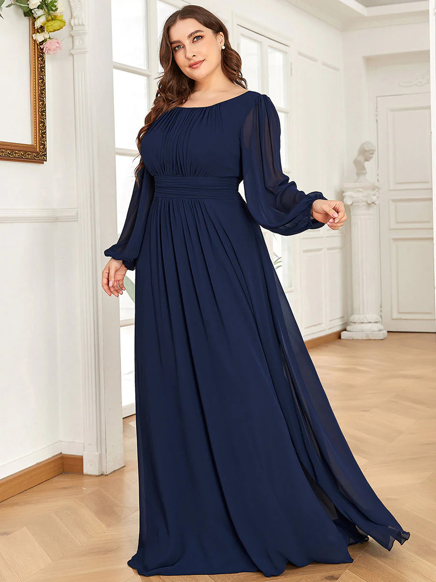 Round Neck Bridesmaid Dresses with Long Lantern Sleeves #EMES0106B
