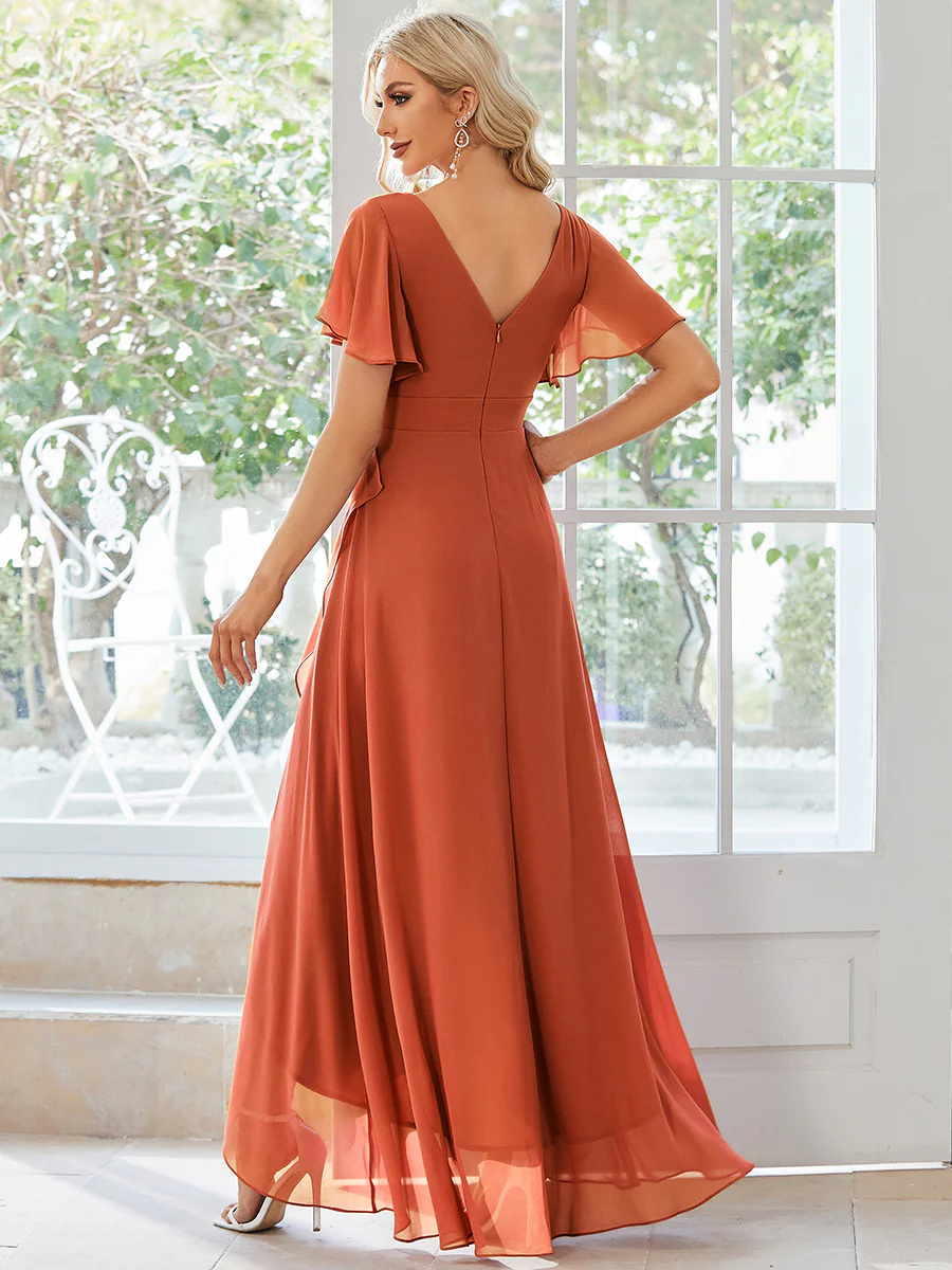 V Neck High Low Ruffles Chiffon Bridesmaid Dresses #EMES01749