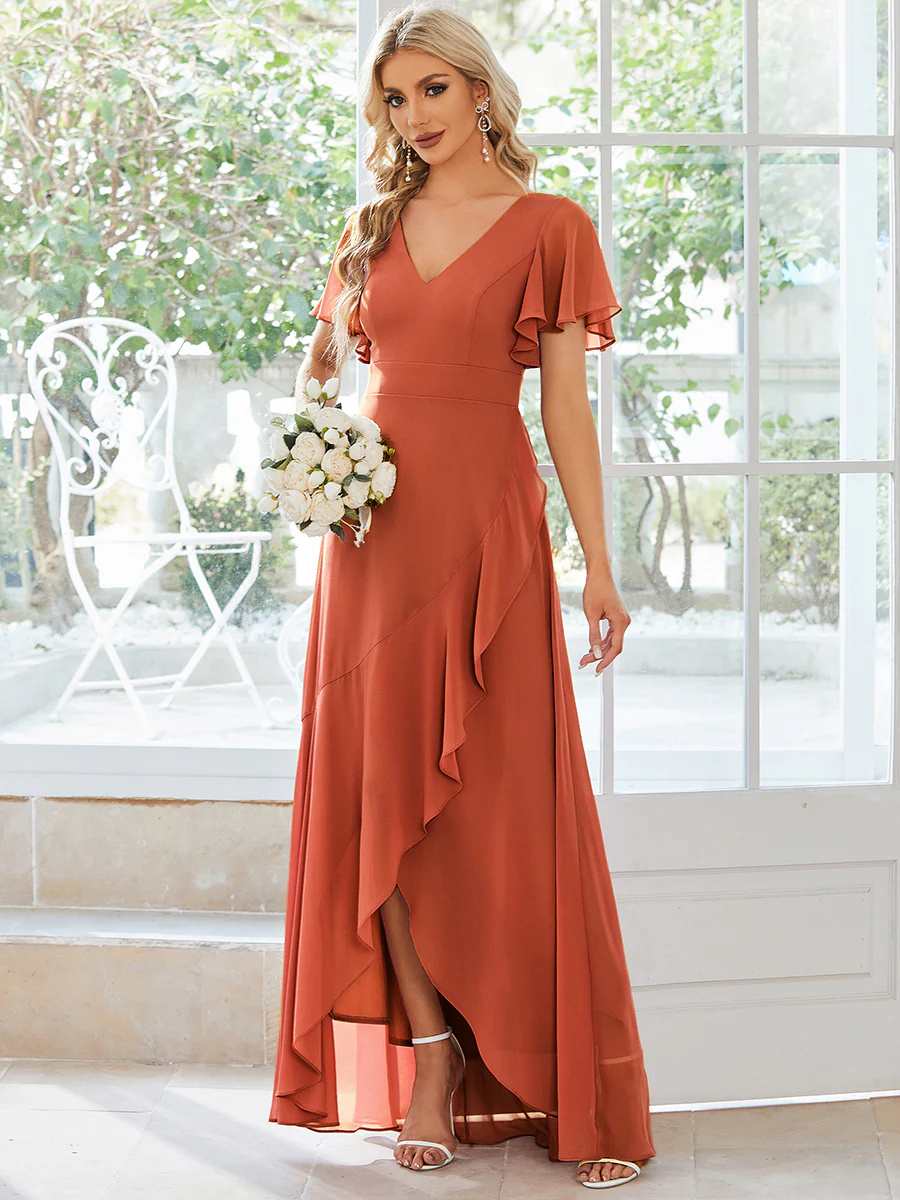 V Neck High Low Ruffles Chiffon Bridesmaid Dresses #EMES01749