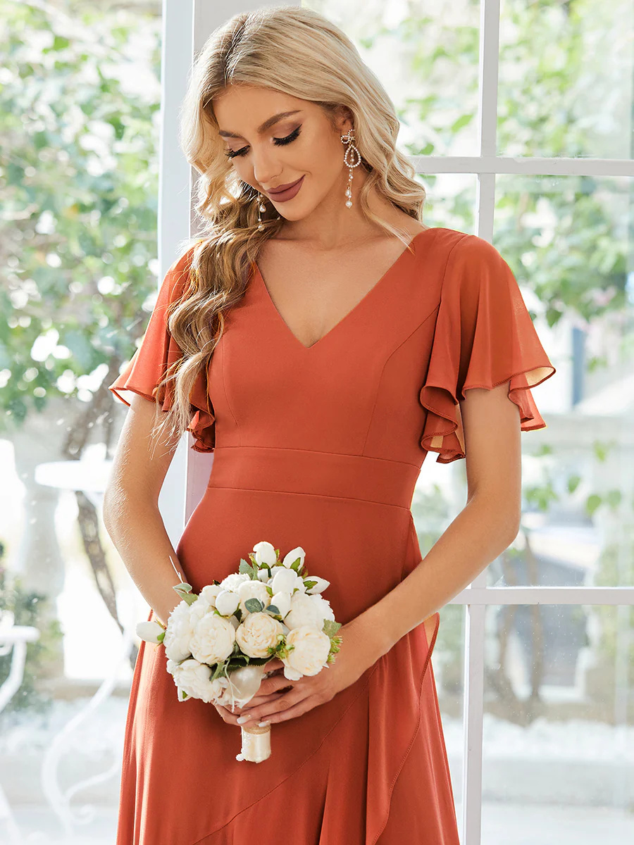 V Neck High Low Ruffles Chiffon Bridesmaid Dresses #EMES01749