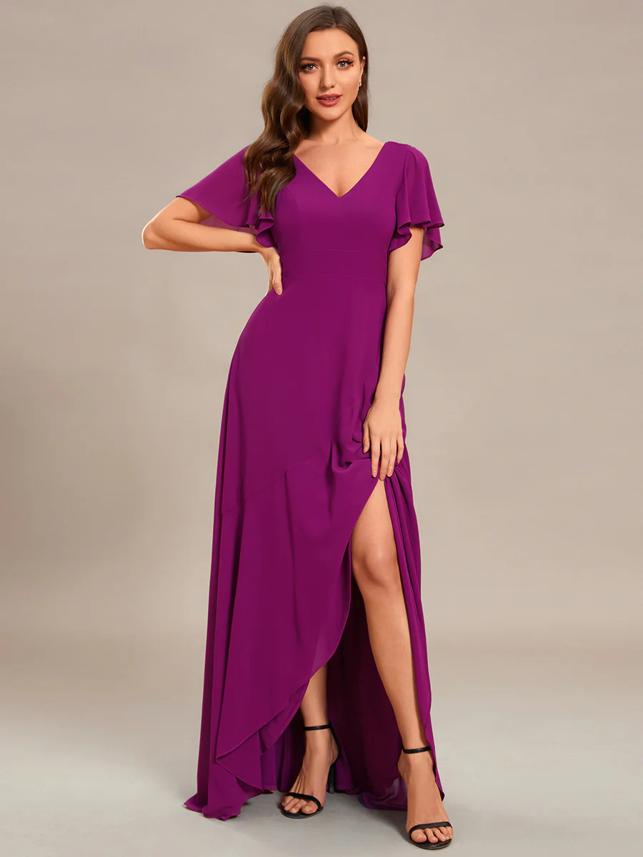 V Neck High Low Ruffles Chiffon Bridesmaid Dresses #EMES01749