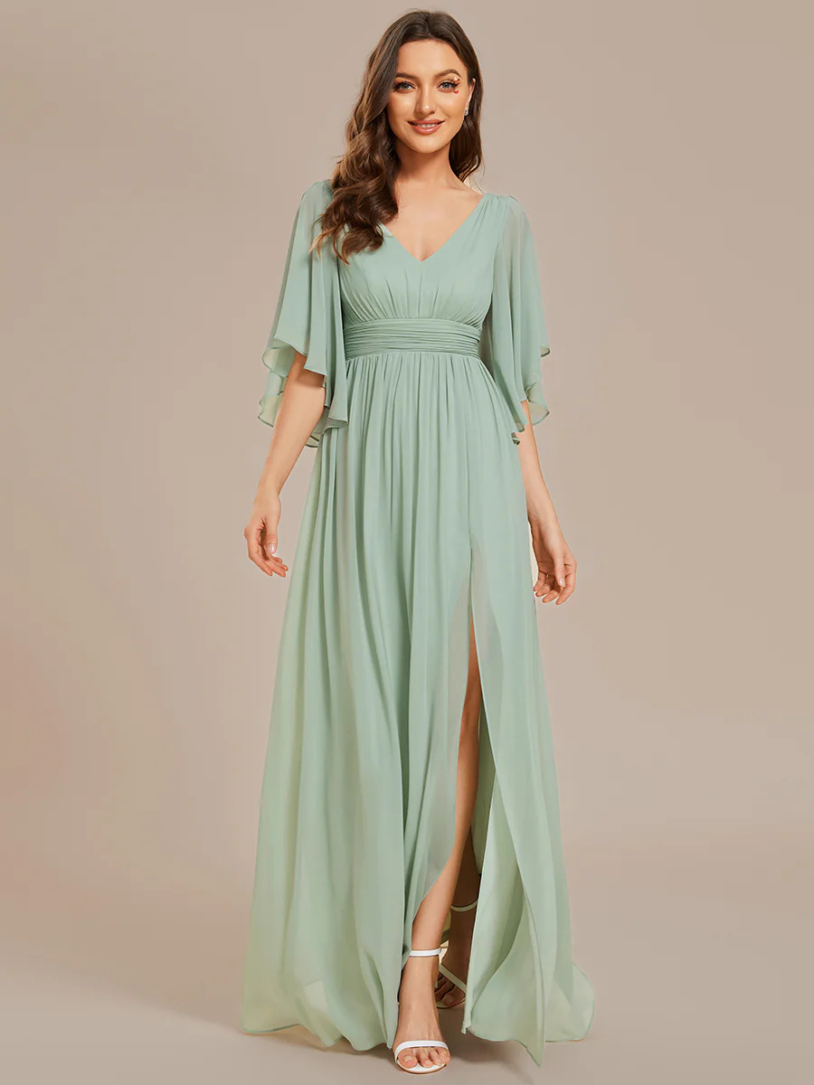 V-Neck Pleated Belt Chiffon Bridesmaid Dresses #EMES01886