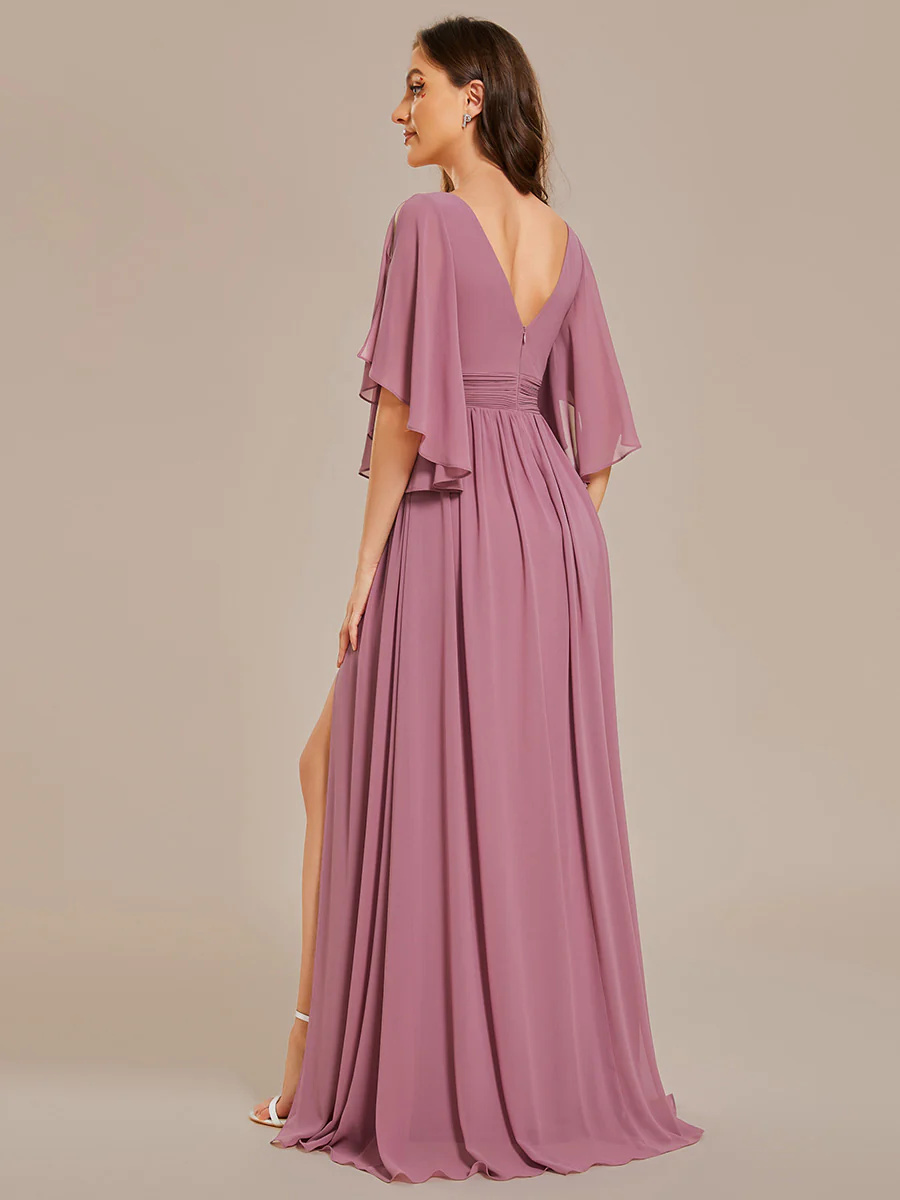 V-Neck Pleated Belt Chiffon Bridesmaid Dresses #EMES01886