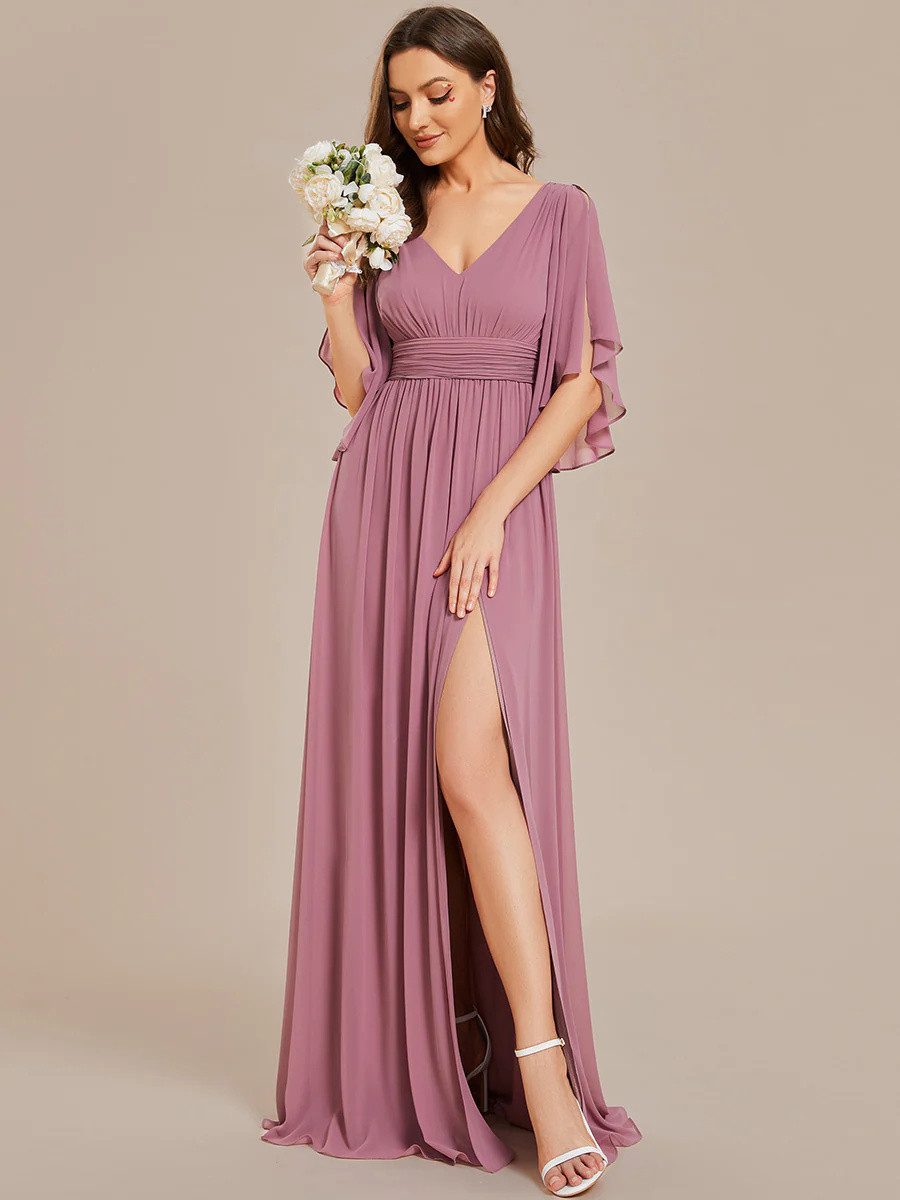 V-Neck Pleated Belt Chiffon Bridesmaid Dresses #EMES01886