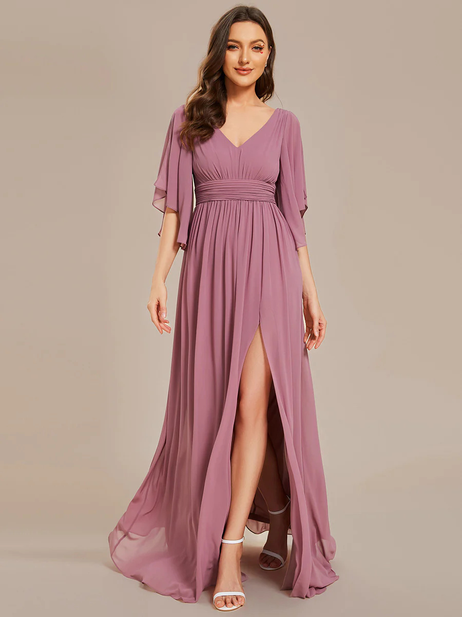 V-Neck Pleated Belt Chiffon Bridesmaid Dresses #EMES01886