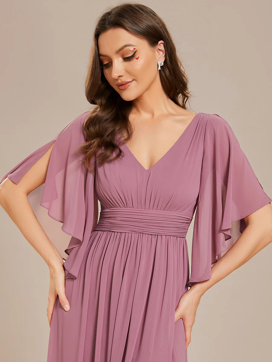 V-Neck Pleated Belt Chiffon Bridesmaid Dresses #EMES01886