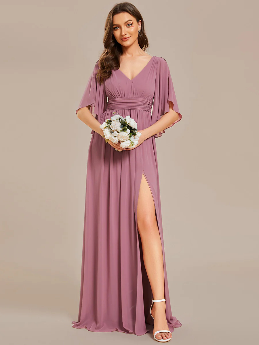 V-Neck Pleated Belt Chiffon Bridesmaid Dresses #EMES01886