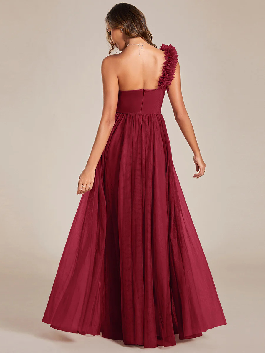 One Shoulder Pleated Backless Split Tulle Bridesmaid Dress #EMES01911