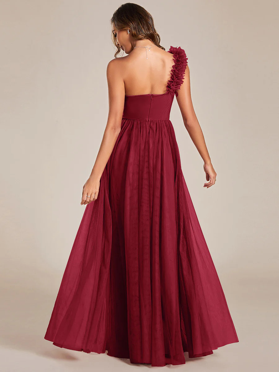 One Shoulder Pleated Backless Split Tulle Bridesmaid Dress #EMES01911