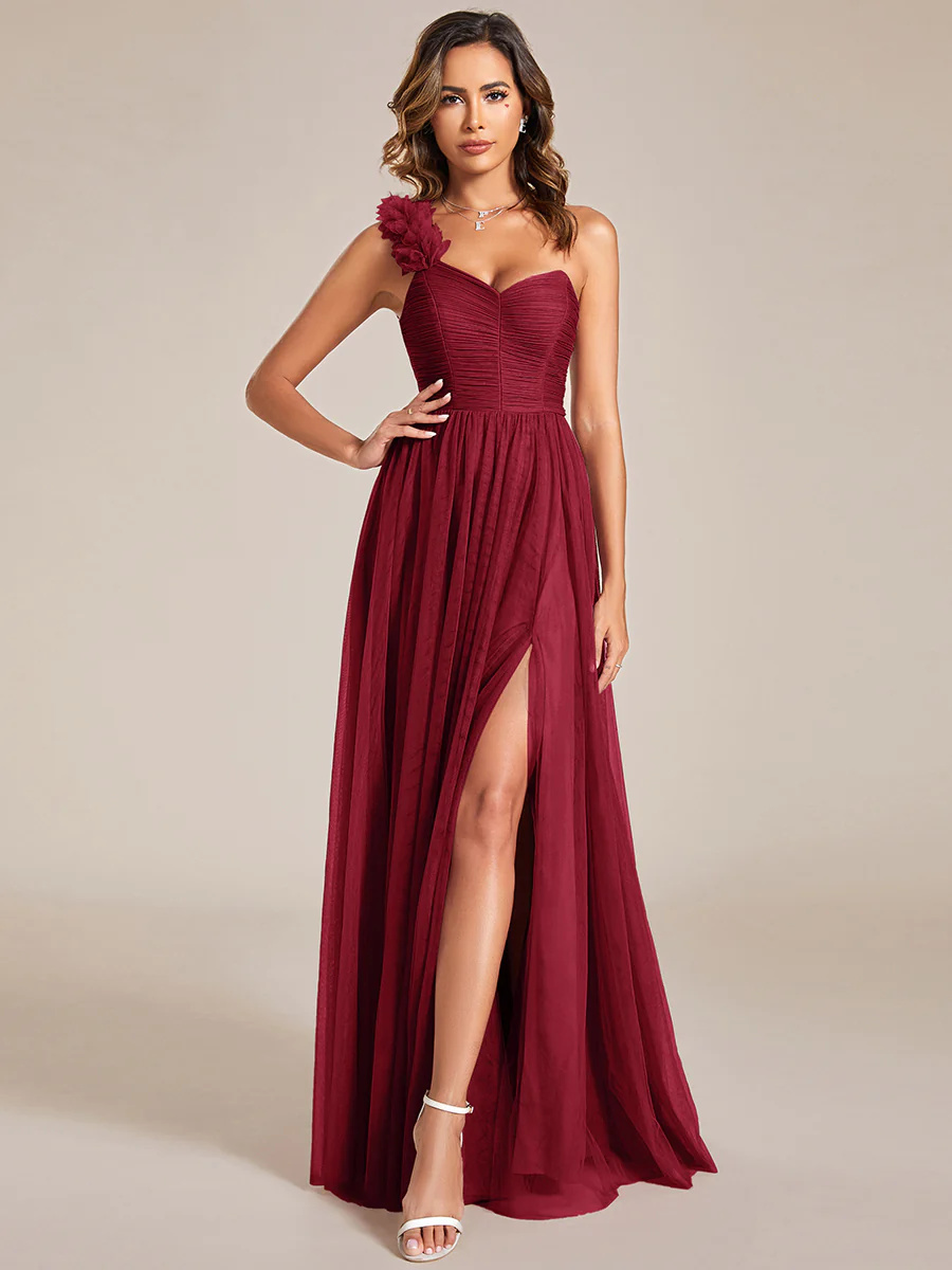 One Shoulder Pleated Backless Split Tulle Bridesmaid Dress #EMES01911
