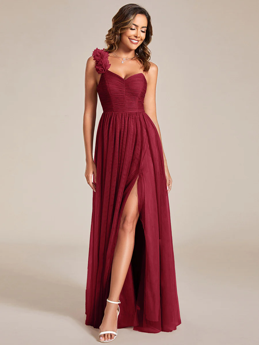 One Shoulder Pleated Backless Split Tulle Bridesmaid Dress #EMES01911