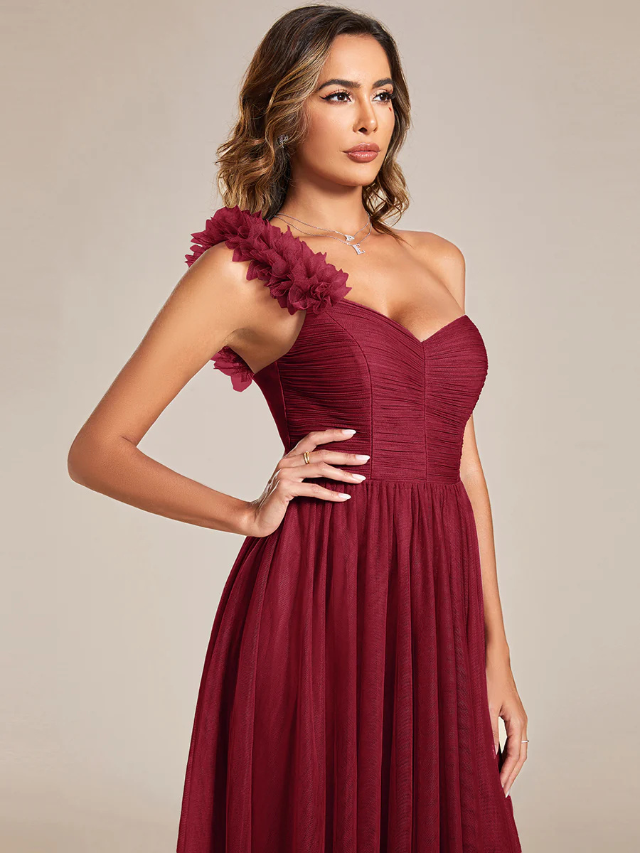 One Shoulder Pleated Backless Split Tulle Bridesmaid Dress #EMES01911