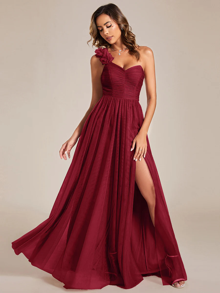 One Shoulder Pleated Backless Split Tulle Bridesmaid Dress #EMES01911