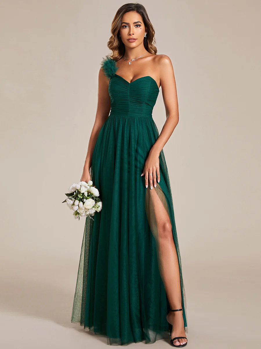 One Shoulder Pleated Backless Split Tulle Bridesmaid Dress #EMES01911