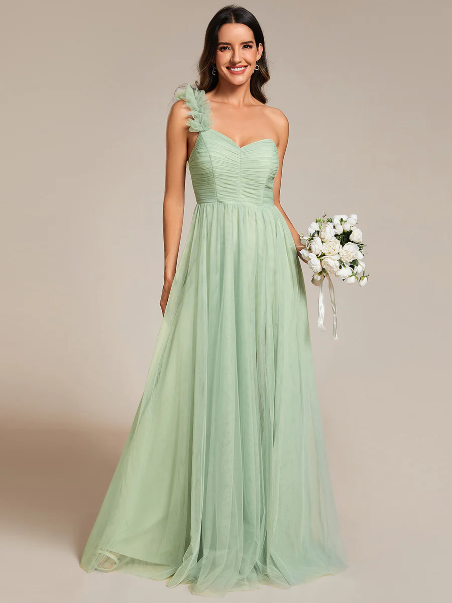One Shoulder Pleated Backless Split Tulle Bridesmaid Dress #EMES01911
