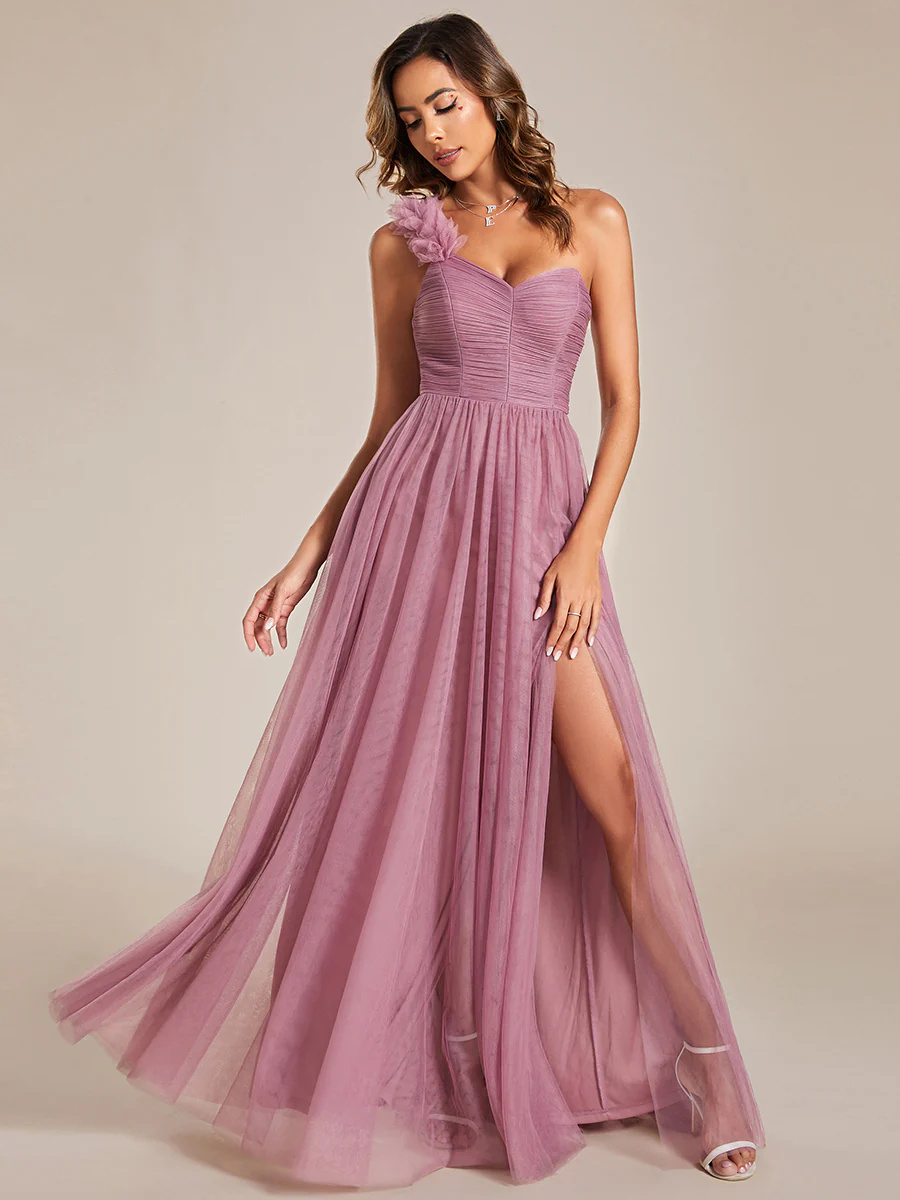 One Shoulder Pleated Backless Split Tulle Bridesmaid Dress #EMES01911