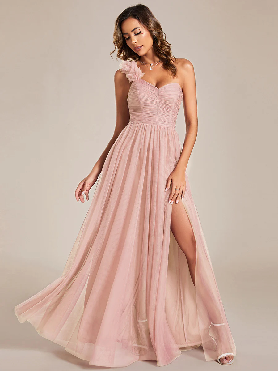 One Shoulder Pleated Backless Split Tulle Bridesmaid Dress #EMES01911