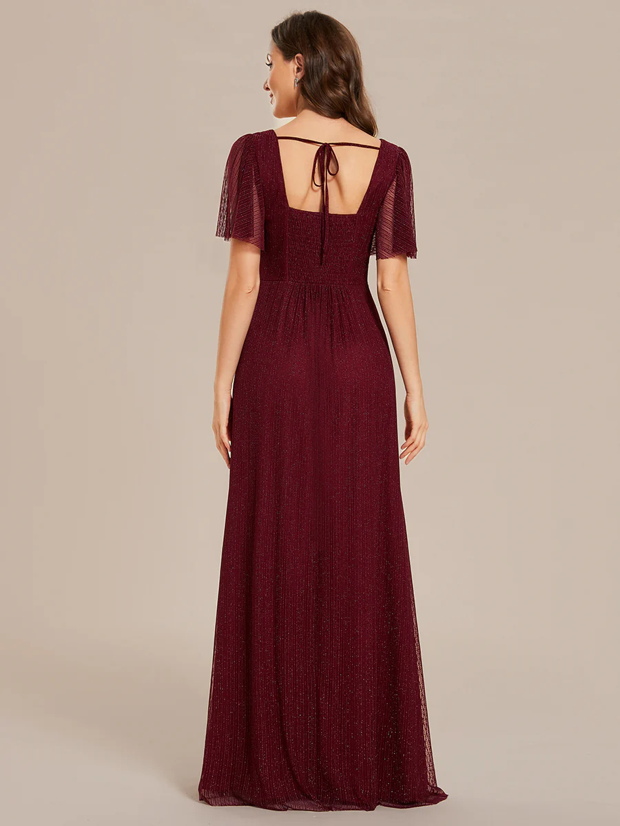 Shiny Maxi Long V-Neck Short Sleeves Bridesmaid Dress #EMES02004