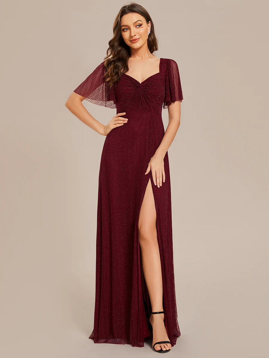 Shiny Maxi Long V-Neck Short Sleeves Bridesmaid Dress #EMES02004